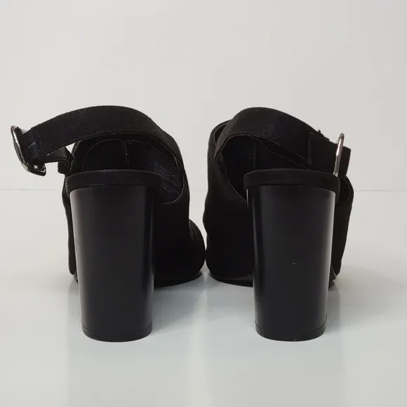 MADDEN GIRL Hana Black suede slingback stacked heel peep toe heels Size 8