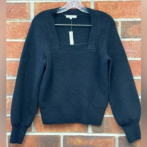 MADEWELL Black Melwood Square-Neck Puff-SleeveWool Blend Sweater XS