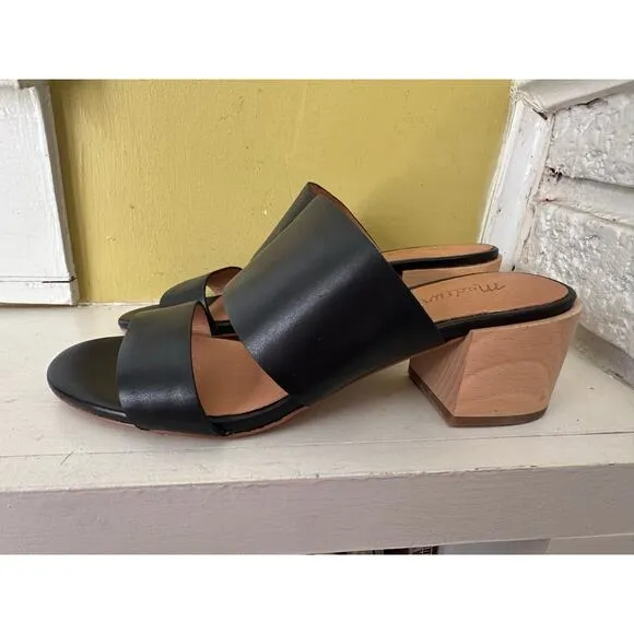 Madewell Keira Two Strap Wooden Block Heel Mule Sandal Black Leather sz 7
