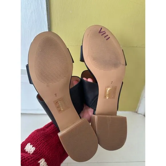Madewell Keira Two Strap Wooden Block Heel Mule Sandal Black Leather sz 7