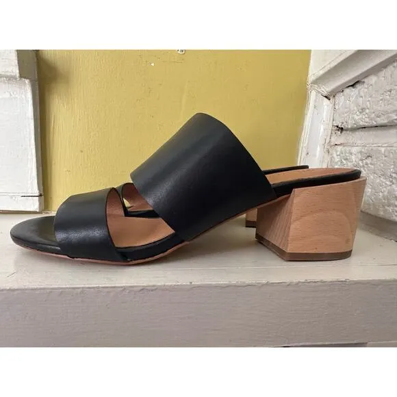 Madewell Keira Two Strap Wooden Block Heel Mule Sandal Black Leather sz 7