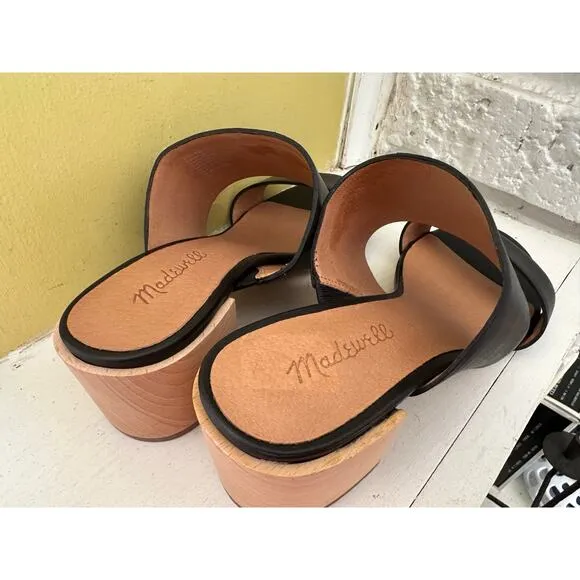 Madewell Keira Two Strap Wooden Block Heel Mule Sandal Black Leather sz 7