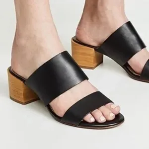 Madewell Keira Two Strap Wooden Block Heel Mule Sandal Black Leather sz 7
