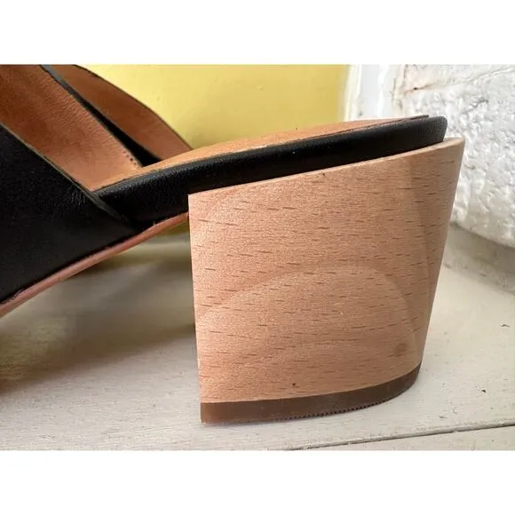 Madewell Keira Two Strap Wooden Block Heel Mule Sandal Black Leather sz 7