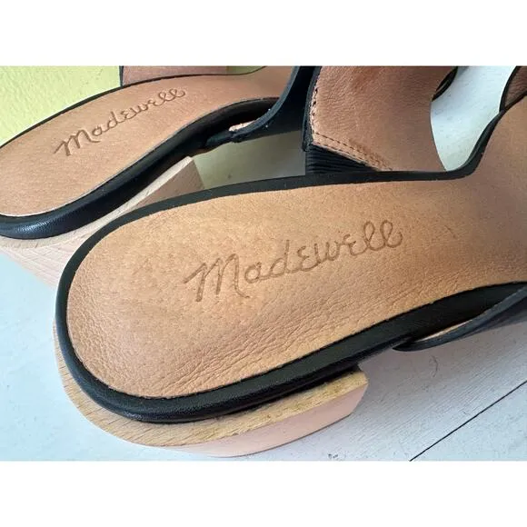 Madewell Keira Two Strap Wooden Block Heel Mule Sandal Black Leather sz 7
