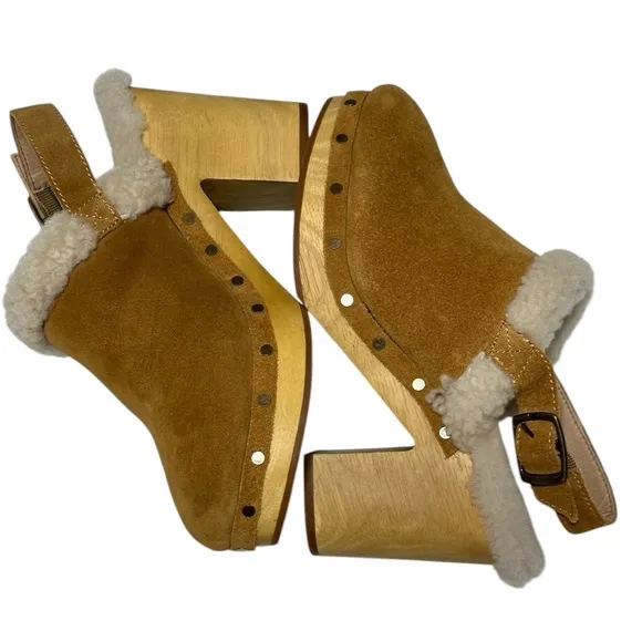 Madewell Lesley Shearling Tan Suede Wooden Sole with Heels Slingback Clog Mules