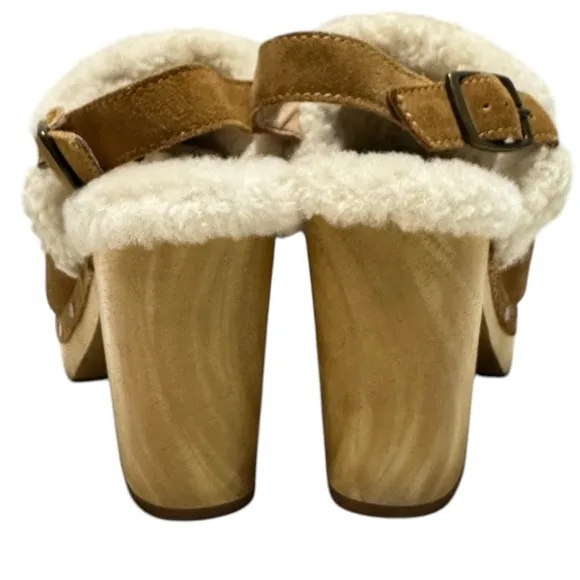 Madewell Lesley Shearling Tan Suede Wooden Sole with Heels Slingback Clog Mules