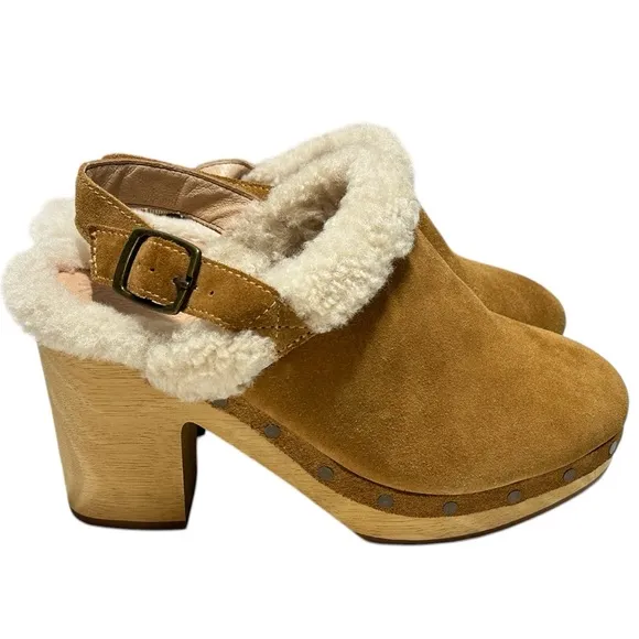 Madewell Lesley Shearling Tan Suede Wooden Sole with Heels Slingback Clog Mules