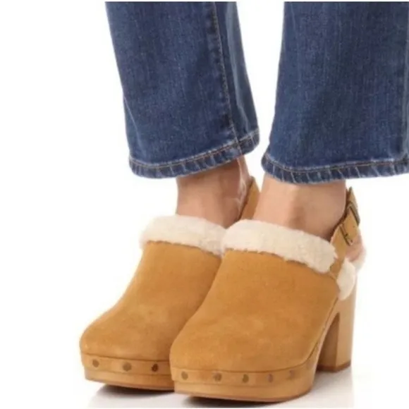 Madewell Lesley Shearling Tan Suede Wooden Sole with Heels Slingback Clog Mules