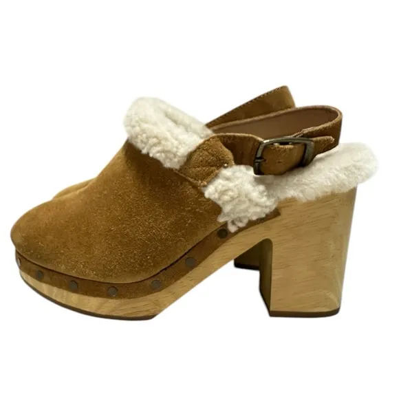 Madewell Lesley Shearling Tan Suede Wooden Sole with Heels Slingback Clog Mules
