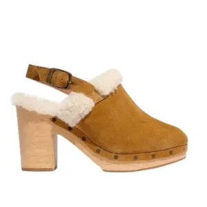 Madewell Lesley Shearling Tan Suede Wooden Sole with Heels Slingback Clog Mules