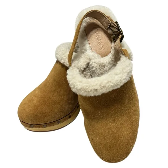 Madewell Lesley Shearling Tan Suede Wooden Sole with Heels Slingback Clog Mules
