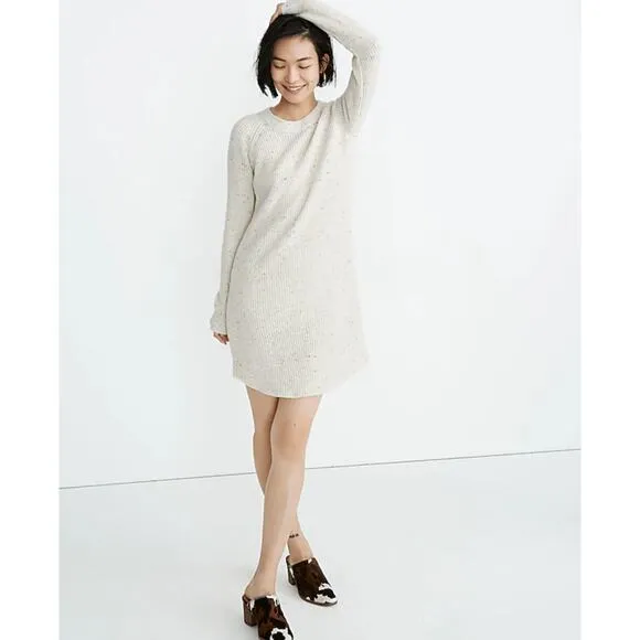 MADEWELL Petite Curved-Hem Sweater Dress Donegal Pearl Ivory Cream Sz M {II12}