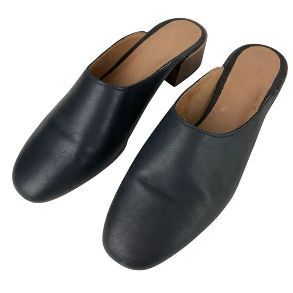 Madewell Slip On Black Leather Mules Women’s Size 6.5 Block Stacked Heel