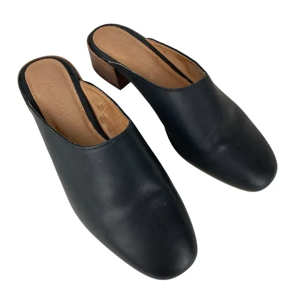 Madewell Slip On Black Leather Mules Women’s Size 6.5 Block Stacked Heel