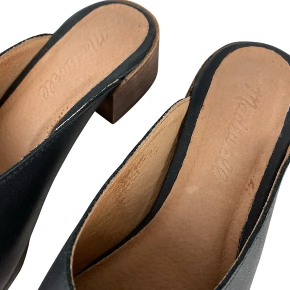 Madewell Slip On Black Leather Mules Women’s Size 6.5 Block Stacked Heel
