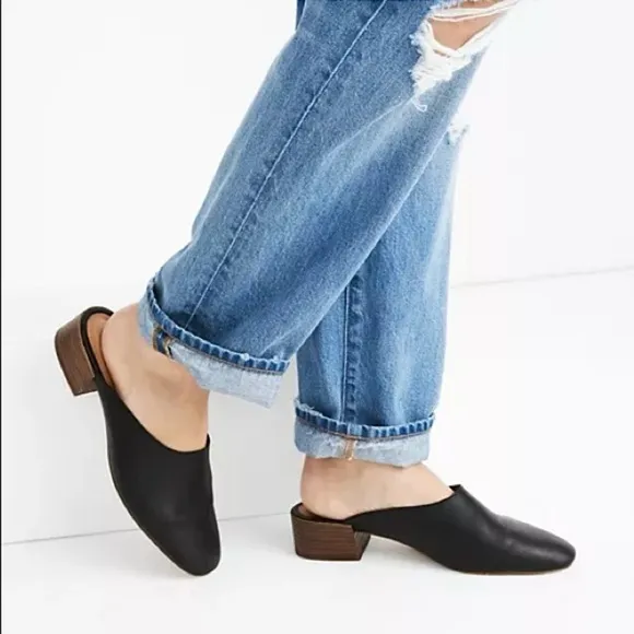 Madewell Slip On Black Leather Mules Women’s Size 6.5 Block Stacked Heel