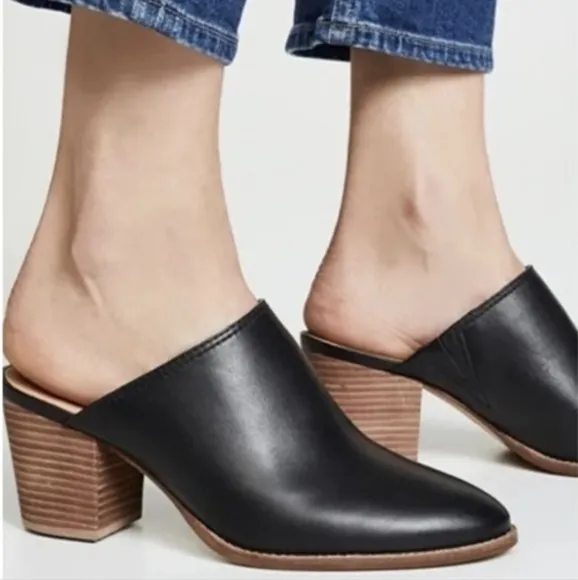 Madewell The Harper Leather Mules Stacked Block Heel Slip On Clog Black size 9