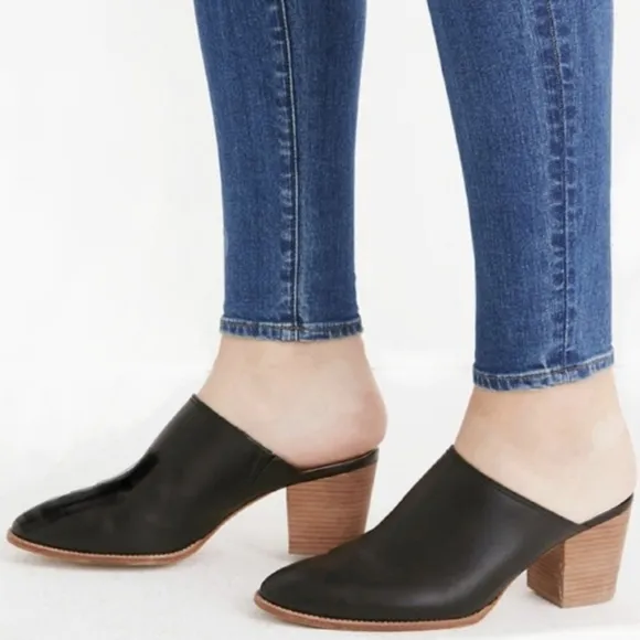 Madewell The Harper Leather Mules Stacked Block Heel Slip On Clog Black size 9