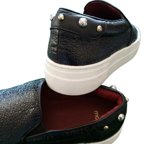 MAJE Finyl cracked leather studded slip on low top shiny black sneakers 38 NEW