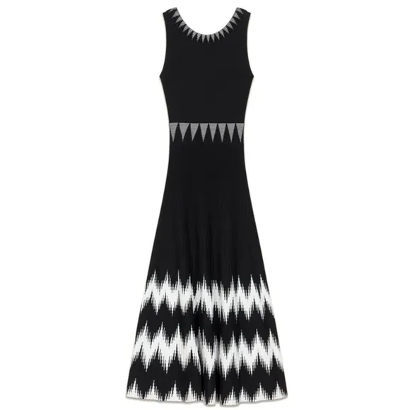 Maje Ruche Sleeveless Midi Mesh Dress 3 size US 8 Black White Stretchy Artsy
