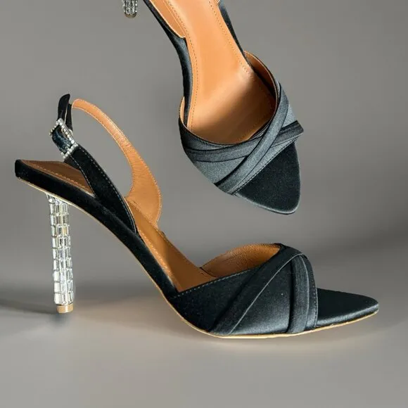 MALONE SOULIERS Womens Size 37/US 7 Black Satin Joss 90 Slingback Heels Sandals