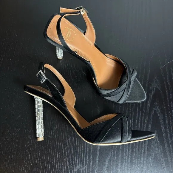 MALONE SOULIERS Womens Size 37/US 7 Black Satin Joss 90 Slingback Heels Sandals