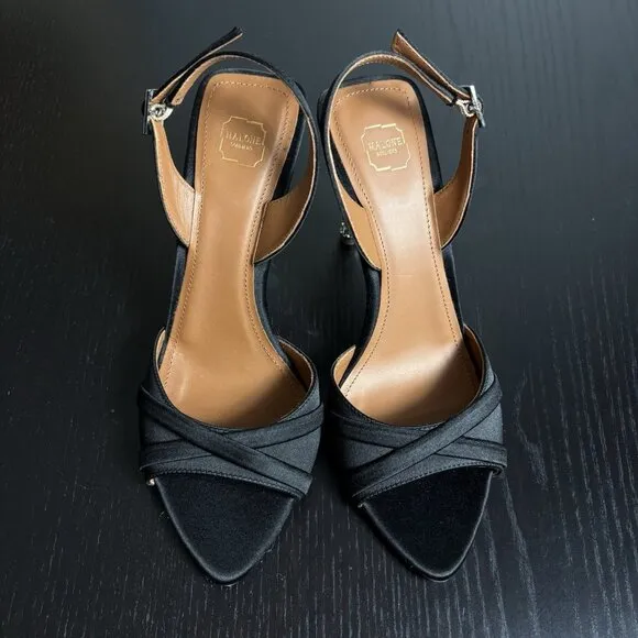 MALONE SOULIERS Womens Size 37/US 7 Black Satin Joss 90 Slingback Heels Sandals