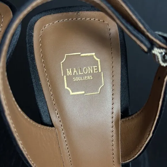 MALONE SOULIERS Womens Size 37/US 7 Black Satin Joss 90 Slingback Heels Sandals