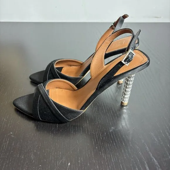 MALONE SOULIERS Womens Size 37/US 7 Black Satin Joss 90 Slingback Heels Sandals