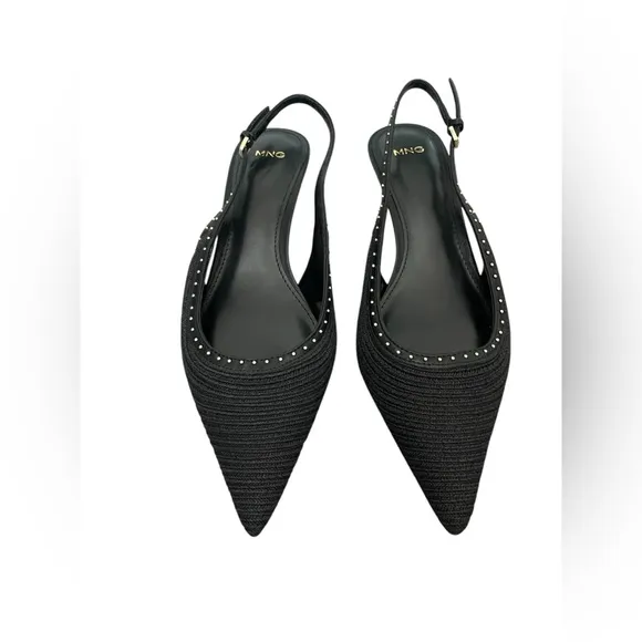 Mango stud detailed pointed slingback kitten heels in black