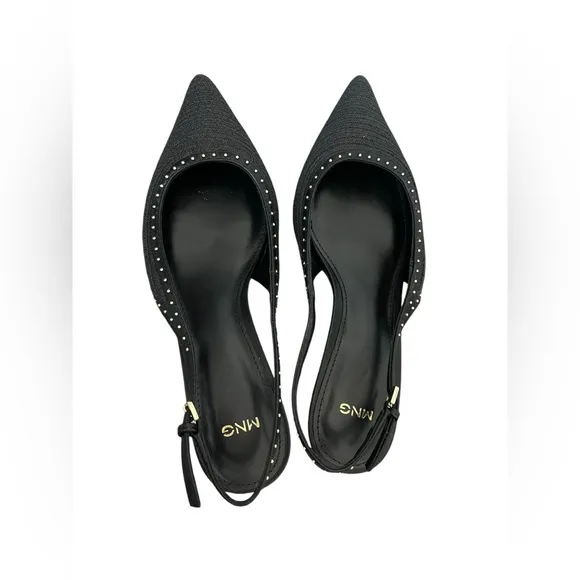 Mango stud detailed pointed slingback kitten heels in black