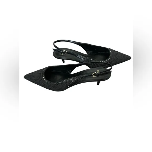 Mango stud detailed pointed slingback kitten heels in black
