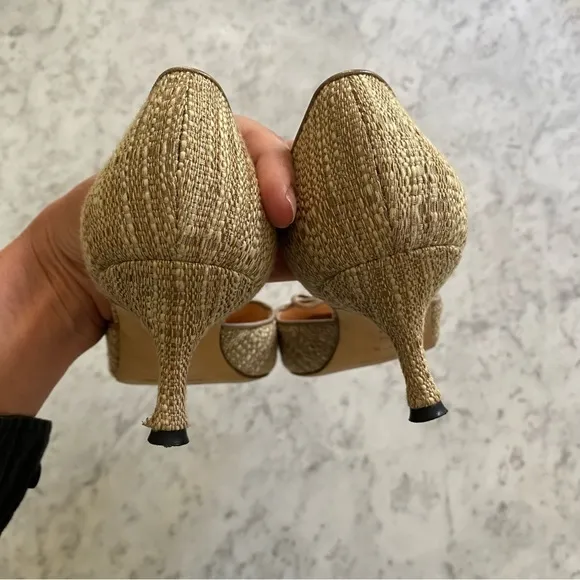 Manolo Blahnik Beige Textured Fabric &amp; Leather Pointed d'Orsay Kitten Heel Pumps