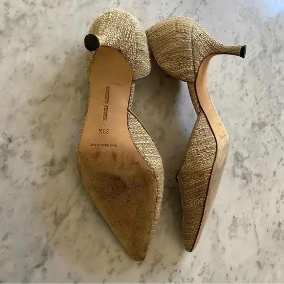 Manolo Blahnik Beige Textured Fabric &amp; Leather Pointed d'Orsay Kitten Heel Pumps