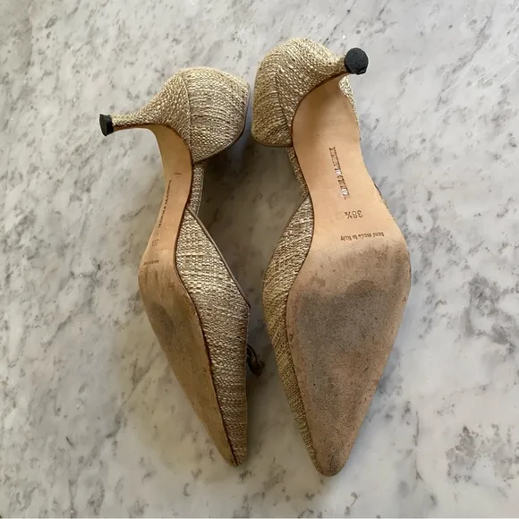 Manolo Blahnik Beige Textured Fabric &amp; Leather Pointed d'Orsay Kitten Heel Pumps