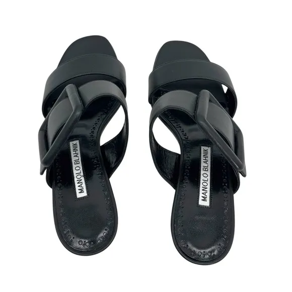 Manolo Blahnik Black Nappa Leather Open Toe Mules Size 5