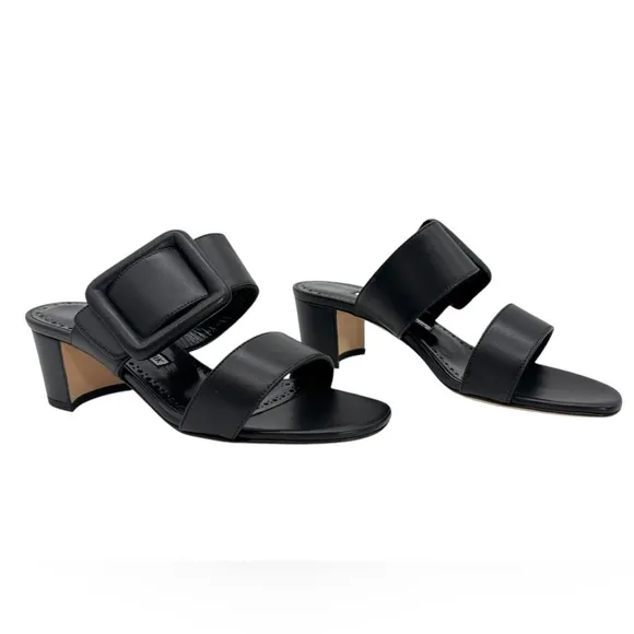 Manolo Blahnik Black Nappa Leather Open Toe Mules Size 5