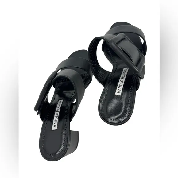 Manolo Blahnik Black Nappa Leather Open Toe Mules Size 5