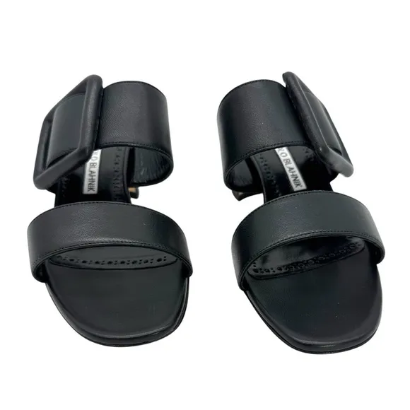 Manolo Blahnik Black Nappa Leather Open Toe Mules Size 5
