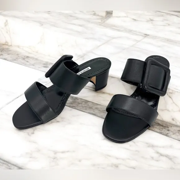 Manolo Blahnik Black Nappa Leather Open Toe Mules Size 5