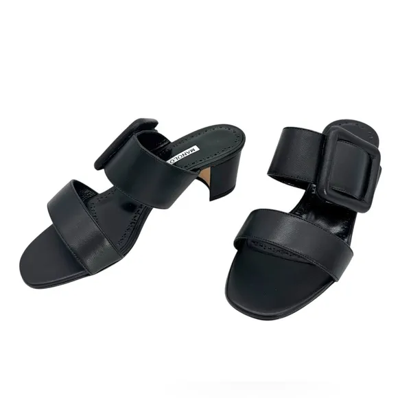 Manolo Blahnik Black Nappa Leather Open Toe Mules Size 5