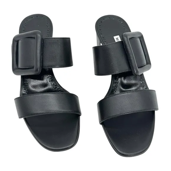 Manolo Blahnik Black Nappa Leather Open Toe Mules Size 5