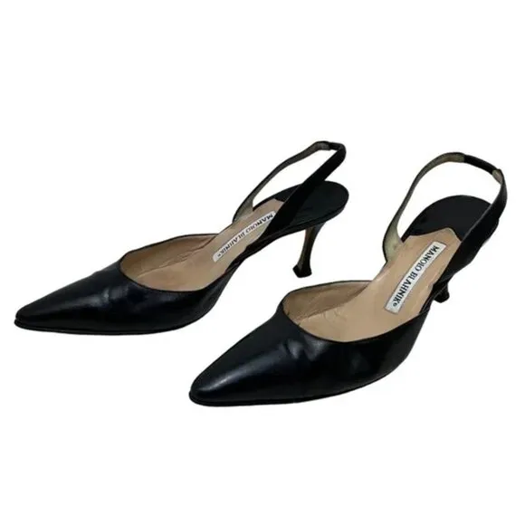 Manolo Blahnik Carolyne Leather Pumps Black Halter Kitten Heels Slingback