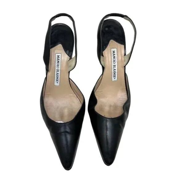 Manolo Blahnik Carolyne Leather Pumps Black Halter Kitten Heels Slingback