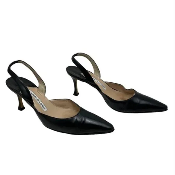 Manolo Blahnik Carolyne Leather Pumps Black Halter Kitten Heels Slingback
