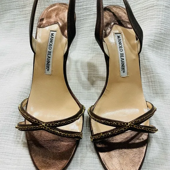 MANOLO BLAHNIK Crystal Embellished Slingback Kitten Heel Bronze BEADED Sandals