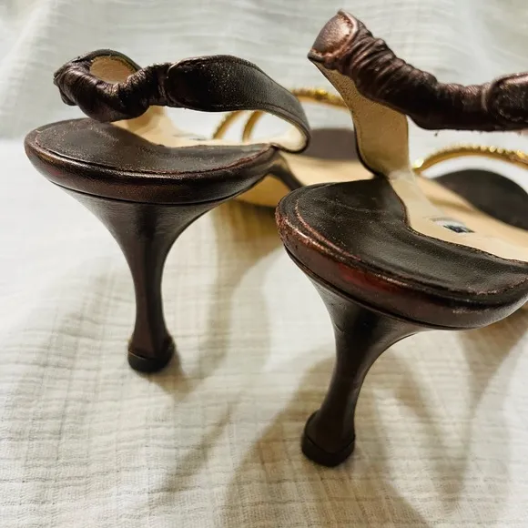 MANOLO BLAHNIK Crystal Embellished Slingback Kitten Heel Bronze BEADED Sandals