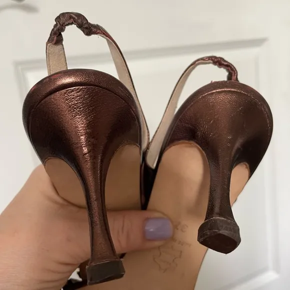 MANOLO BLAHNIK Crystal Embellished Slingback Kitten Heel Bronze BEADED Sandals