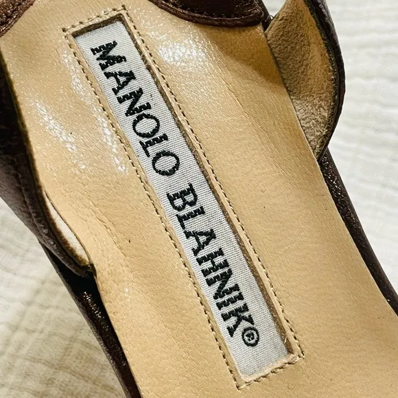 MANOLO BLAHNIK Crystal Embellished Slingback Kitten Heel Bronze BEADED Sandals